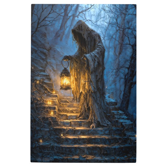 Shadow Wanderer: Lantern in the Mist Metal Print (Front)