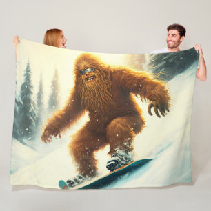 Shaggy Bigfoot Snowboarding AI Yeti Snowy Slope Fleece Blanket