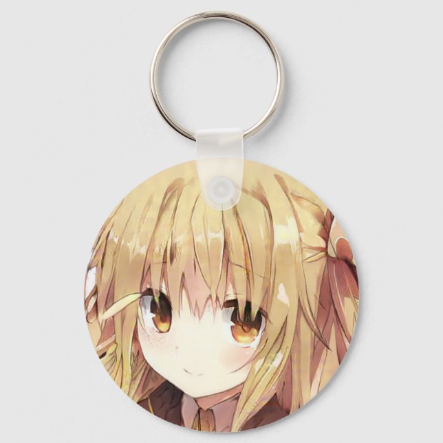 Shaggy dark blond hair amber eyes anime girl  keychain (Front)