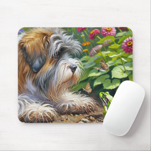 Shaggy Dog In Garden With Frog Mouse Pad
