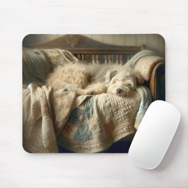 Shaggy Dog Sleeping On A Quilt Mouse Pad (With Mouse)