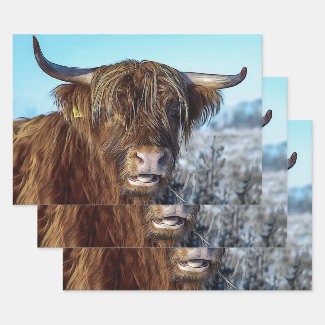 Shaggy Highland Beef Cow Oil Painting Wrapping Paper Sheets (Set)