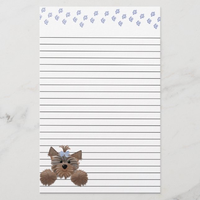 Shaggy Puppy and Blue Paw Prints Lined Stationery (Front)