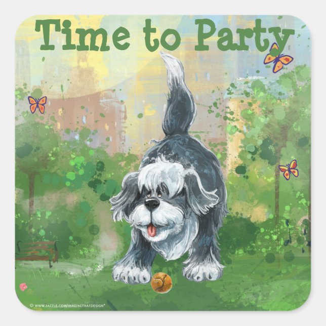 Shaggy Sheep Dog Party Center Square Sticker (Front)