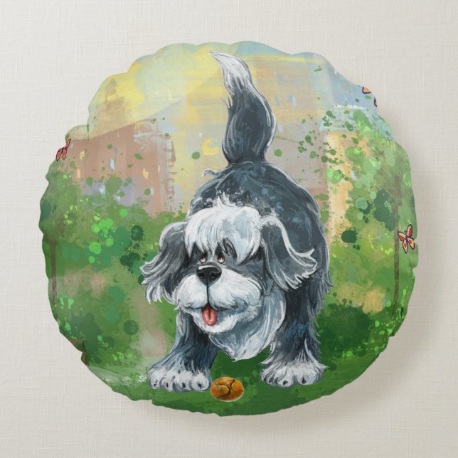 Shaggy Sheep Dog Round Pillow (Front)