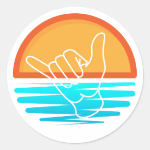 Shaka Surfer Hand Sign Over Beach Sunset Sticker