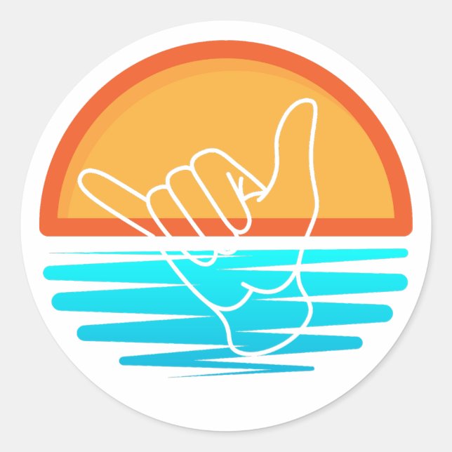 Shaka Surfer Hand Sign Over Beach Sunset Sticker (Front)