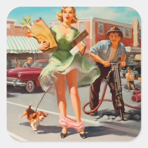 Shake down funny retro pinup girl square sticker