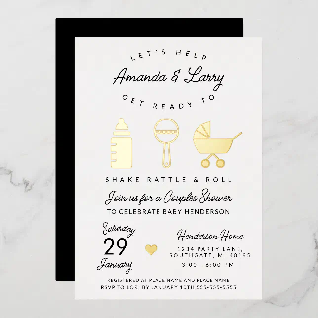Shake Rattle and Roll Baby Shower Foil Invitation | Zazzle