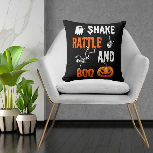 Shake, Rattle, Boo Fun Skeleton Pumpkin Halloween Throw Pillow (Creator Uploaded)