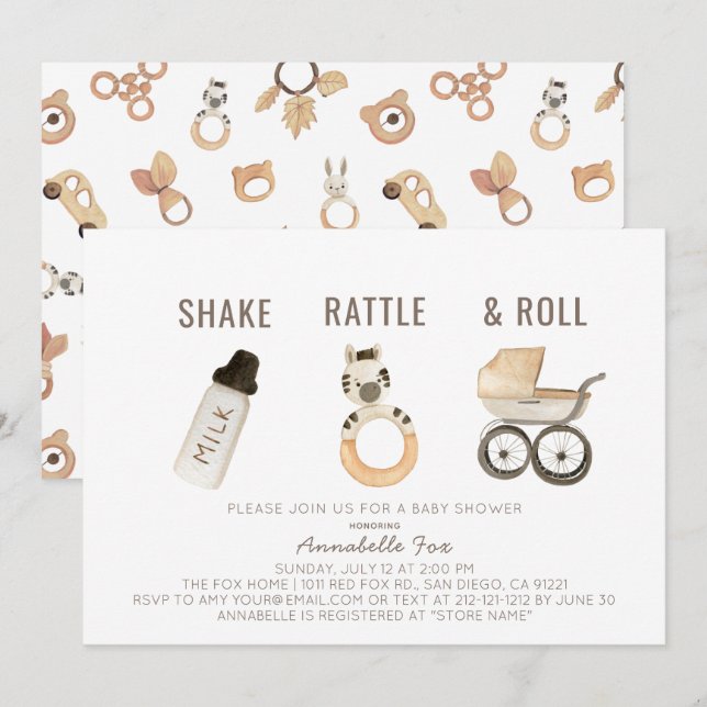 Shake Rattle & Roll Boho Watercolor Baby Shower Invitation (Front/Back)