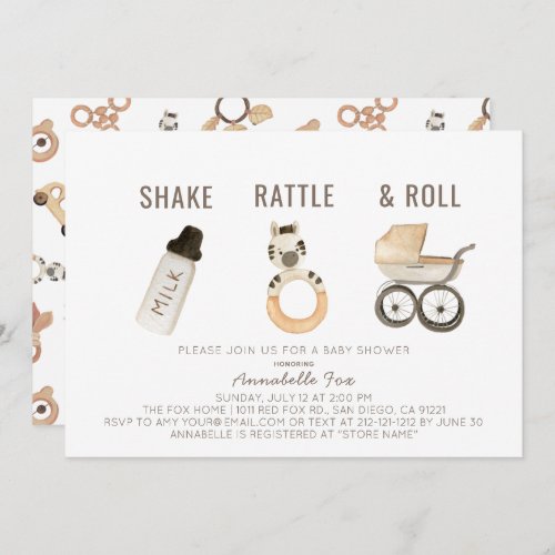 Shake Rattle  Roll Boho Watercolor Baby Shower Invitation