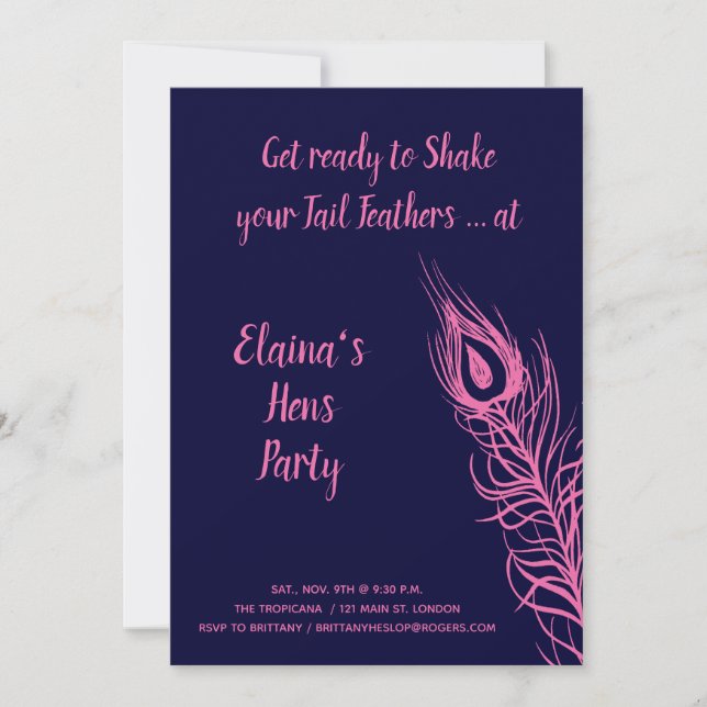 Shake your Tail Feathers Hens Party fuchsia & navy Invitation (Front)