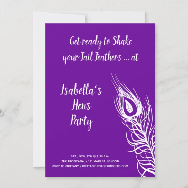 Shake your Tail Feathers Hens Party (violet) Invitation (Front)