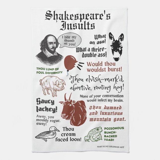 Shakespeare Insults Funny Bookish Theater Fan Kitchen Towel (Vertical)