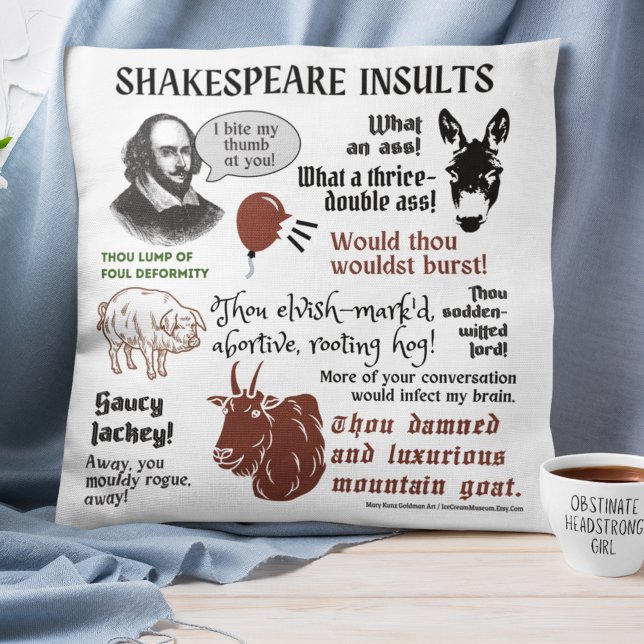 Shakespeare Insults Quotes Boho Funny LIterary Throw Pillow (Creator Uploaded)