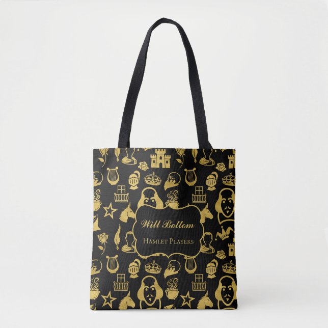 Shakespeare Pattern Gold on Black Tote Bag (Front)