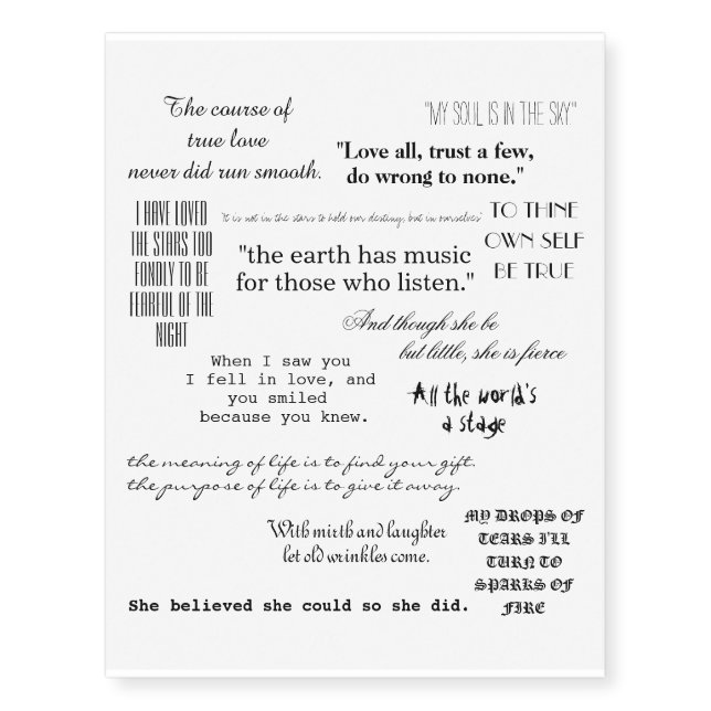Shakespeare quotes famous inspirational literary temporary tattoos (Front)