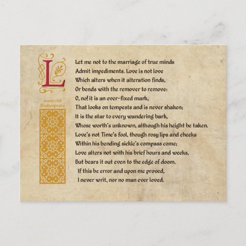 Shakespeare Sonnet 116 CXVI on Parchment Postcard