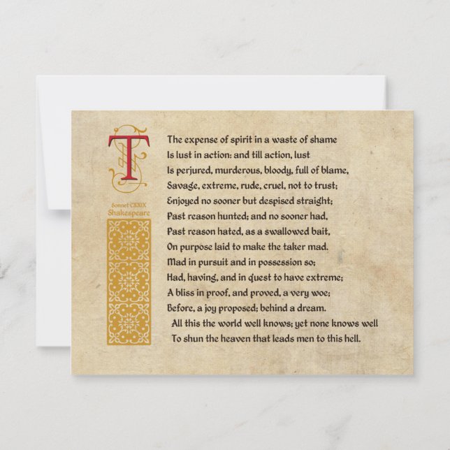 Shakespeare Sonnet 129 (CXXIX) on Parchment Invitation (Back)