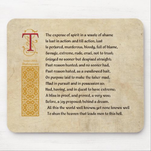 Shakespeare Sonnet 129 CXXIX on Parchment Mouse Pad