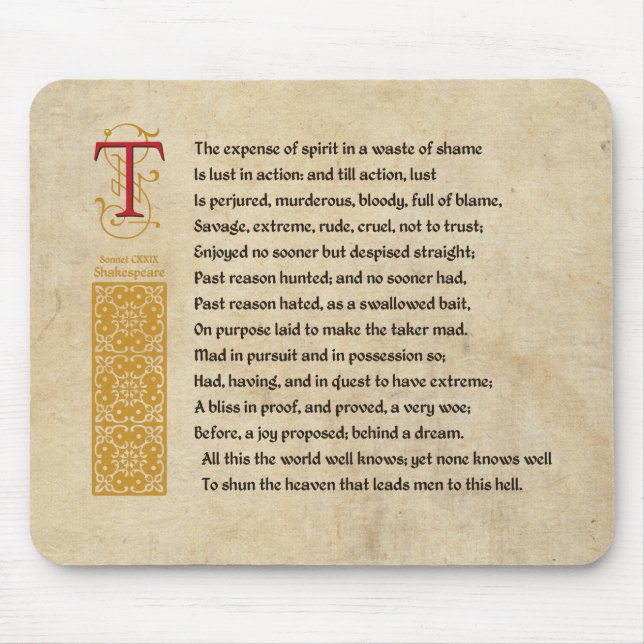 Shakespeare Sonnet 129 (CXXIX) on Parchment Mouse Pad (Front)