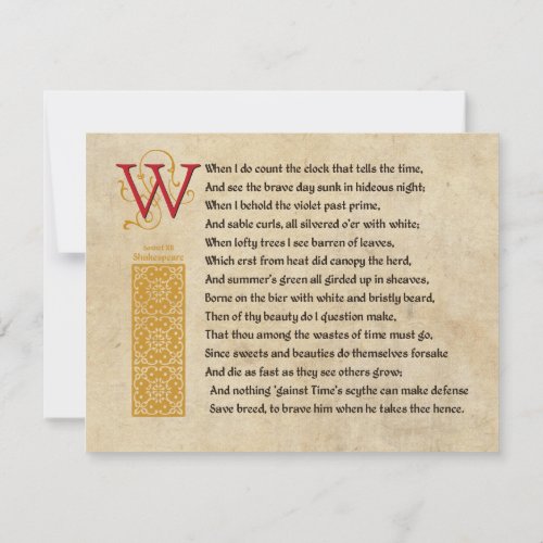 Shakespeare Sonnet 12 XII on Parchment Invitation