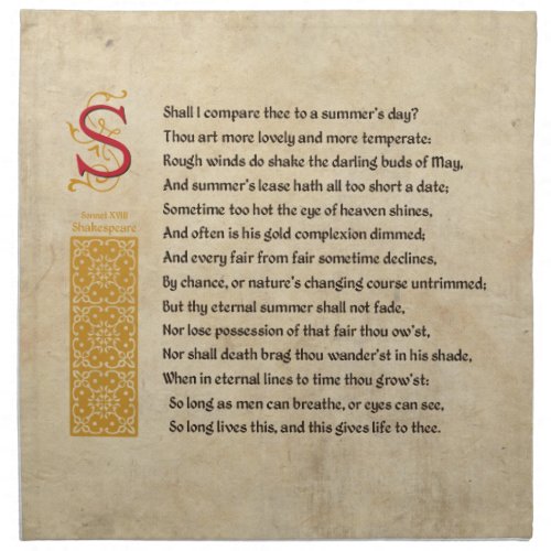 Shakespeare Sonnet 18 XVIII on Parchment Napkin