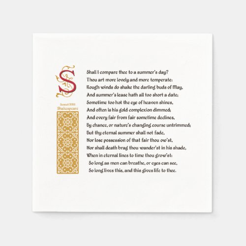 Shakespeare Sonnet 18 XVIII on Parchment Napkins