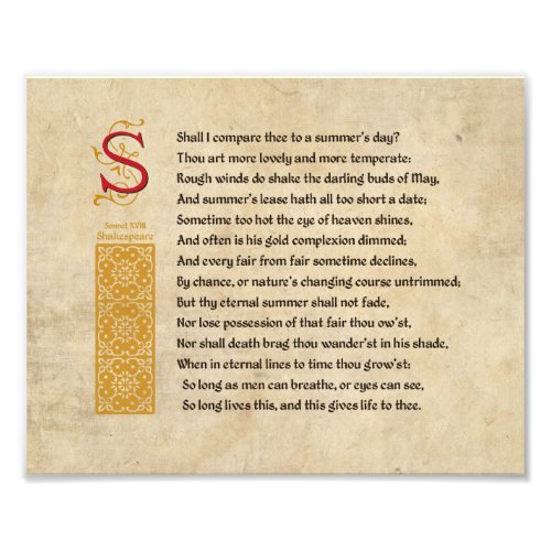 Shakespeare Sonnet 18 XVIII on Parchment Photo Print