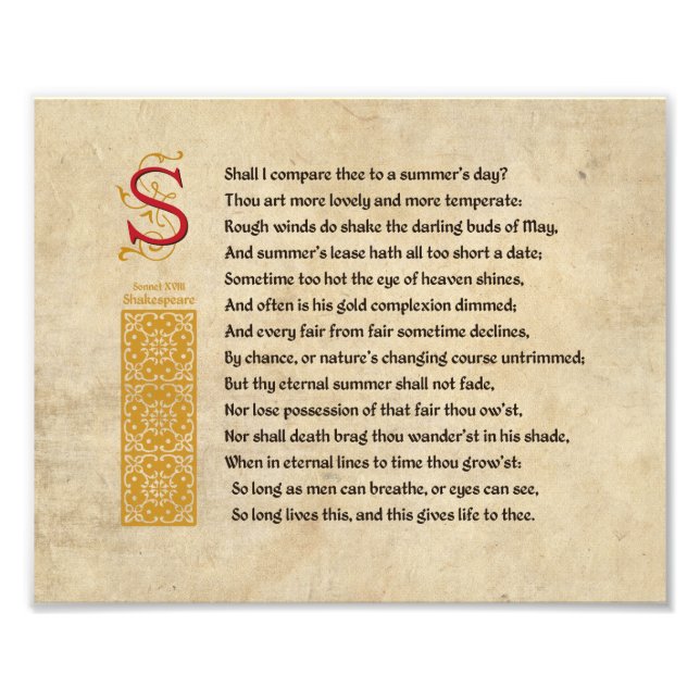 Shakespeare Sonnet 18 (XVIII) on Parchment Photo Print (Front)