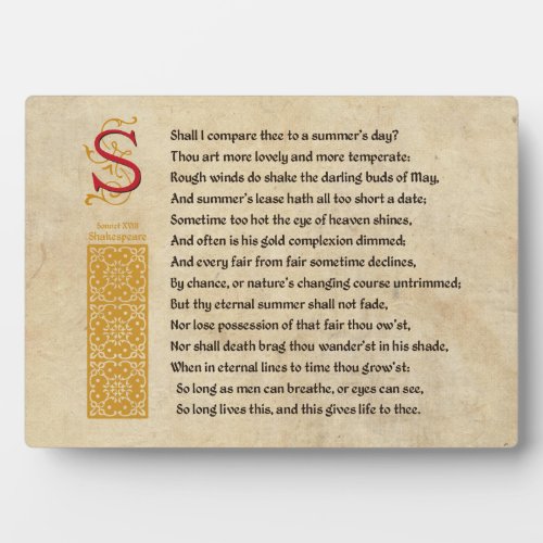 Shakespeare Sonnet 18 XVIII on Parchment Plaque