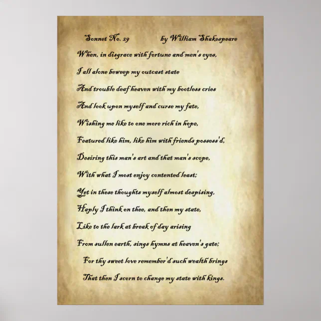仏CD  Shakespeare  1737322  /00110 Sonnet 29 Shakespeare Wall Art, Love Poetry Art for Bedroom