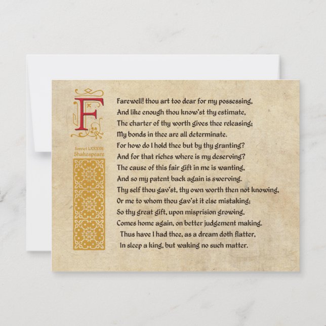 Shakespeare Sonnet 87 (LXXXVII) on Parchment Invitation (Back)