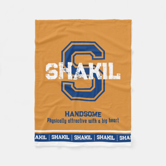 Shakil name meaning sports monogram golden blue fleece blanket (Front)