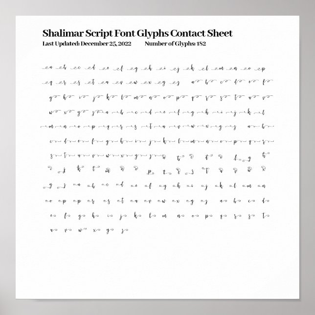 Shalimar Script Font Glyphs Contact Sheet Poster (Front)