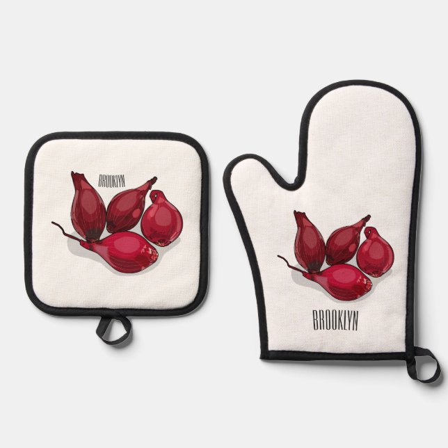 Shallot cartoon illustration oven mitt & pot holder set (Front)