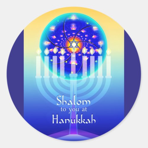Shalom at Hanukkah Menorah Lights  Star of David Classic Round Sticker