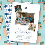 Shalom Blue Star Of David 3 Photo Simple Hanukkah Holiday Card<br><div class="desc">This modern minimalist Hanukkah card features the greeting 'Shalom' in a trendy handwriting script. A dark navy blue Star Of David symbol sits on the center top with 3 Instant photo collage layout. A short holiday wish and the family name sign-off are placed at the bottom of the card. Star...</div>