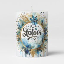 Shalom Candle Blue Gold Watercolor Floral Wreath A
