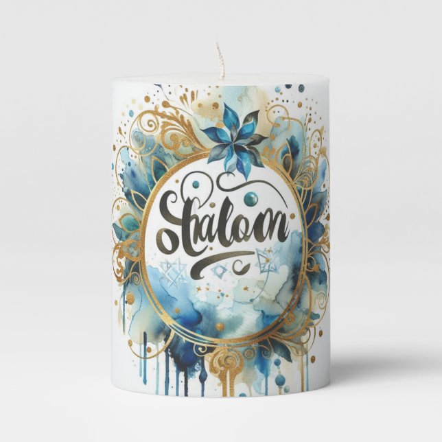 Shalom Candle Blue Gold Watercolor Floral Wreath A (Front)