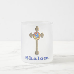 Shalom cross frosted glass coffee mug