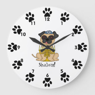Shalom!-Cute Pug dog with Menorah Large Clock