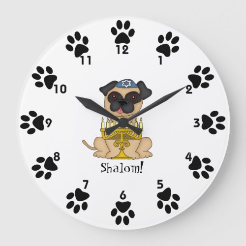 Shalom_Cute Pug dog with Menorah Large Clock