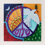 Shalom Dove Peace Painting Jigsaw Puzzle<br><div class="desc">Colorful painting of a peace sign with dove and the Hebrew word Shalom.</div>