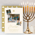 Shalom Gold Star Of David 3 Photo Simple Hanukkah Holiday Card<br><div class="desc">This modern minimalist Hanukkah card features the greeting 'Shalom' in a trendy handwriting script. A gold Star Of David symbol sits on the center top with 3 Instant photo collage layout. A short holiday wish and the family name sign-off are placed at the bottom of the card. Star of David...</div>