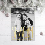 Shalom Hanukkah Holiday Photo Foil Card<br><div class="desc">Real foil hand lettered "Shalom" with landscape photo on top. White area color is customizable as well as the back side.  Choose your foil color: gold,  silver or rose gold,  and backer color. Add more photos to the back or write a message.</div>