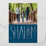 Shalom Hanukkah Holiday Photo Silver Foil Card<br><div class="desc">Real foil hand lettered "Shalom" with landscape photo on top. White area color is customizable as well as the back side.  Choose your foil color: gold,  silver or rose gold,  and backer color. Add more photos to the back or write a message.</div>
