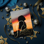Shalom Heart Hanukkah Holiday Photo Foil Card<br><div class="desc">Real foil hand lettering "Shalom" with heart detail,  over full bleed photo. Choose your foil color: gold,  silver or rose gold,  and backer color. Add more photos to the back or write a message.</div>