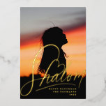 Shalom Heart Hanukkah Holiday Photo Foil Card<br><div class="desc">Real foil hand lettering "Shalom" with heart detail,  over full bleed photo. Choose your foil color: gold,  silver or rose gold,  and backer color. Add more photos to the back or write a message.</div>